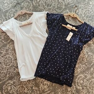 Anthropologie Navy Polka Dot and White Short Sleeve Tops